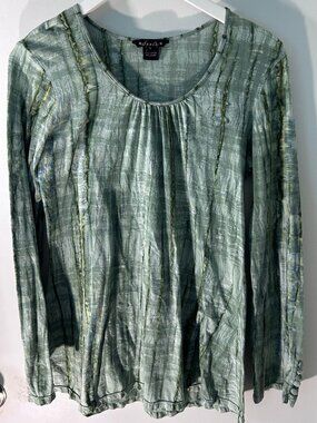 Dunia Green Abstract Stretch Cotton Long Sleeve Top - Size Large